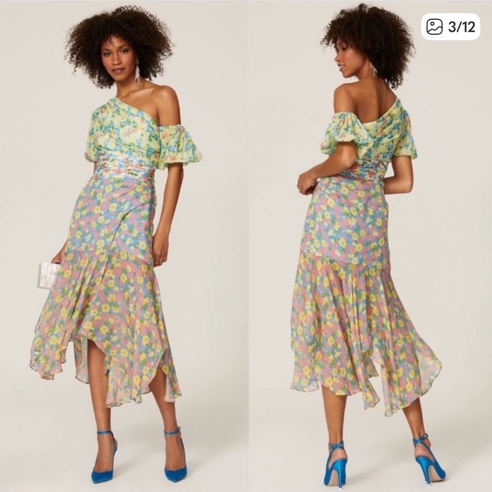 AMUR Silk Romantic Wedding Garden Fairy Jaylah Floral Off the Shoulder Dress 6